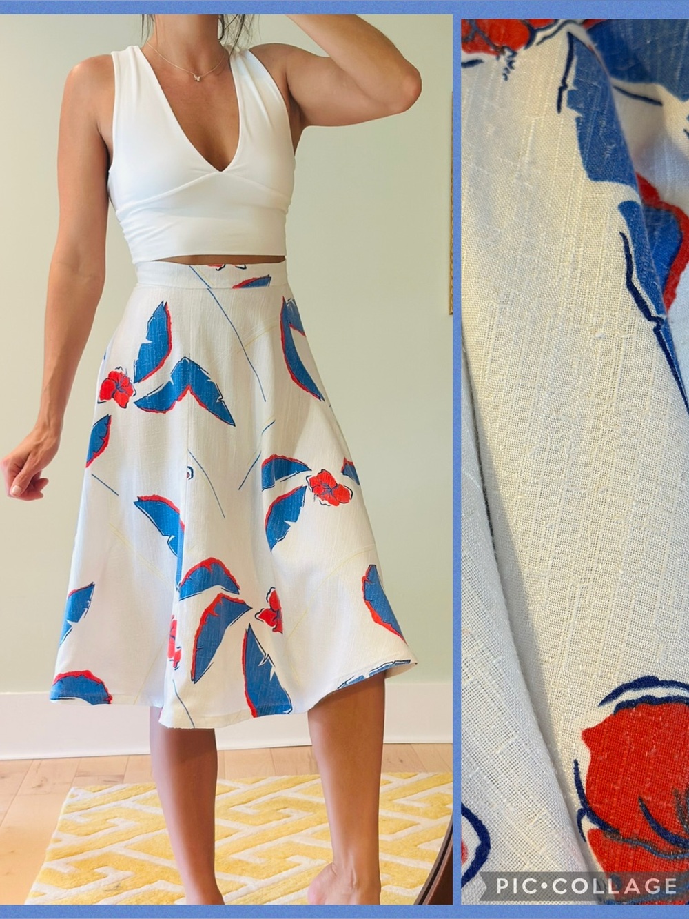 Vintage White Circle Skirt with Blue & Red Floral Print